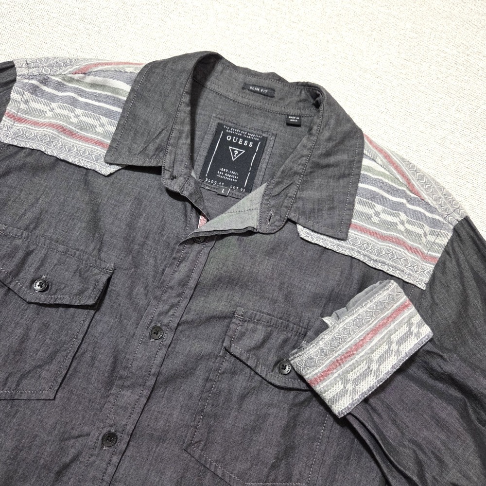 Guess Button Up‎ Charcoal Gray Flip Cuff Yoke Slim Fit Western Shirt Men's L
